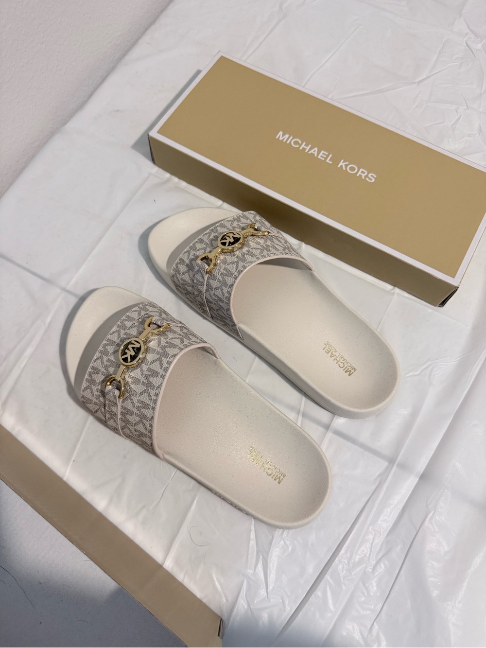 MICHAEL Michael Kors Vanilla Logo Slide Sandal with Gold Accent - Picture 2 of 5
